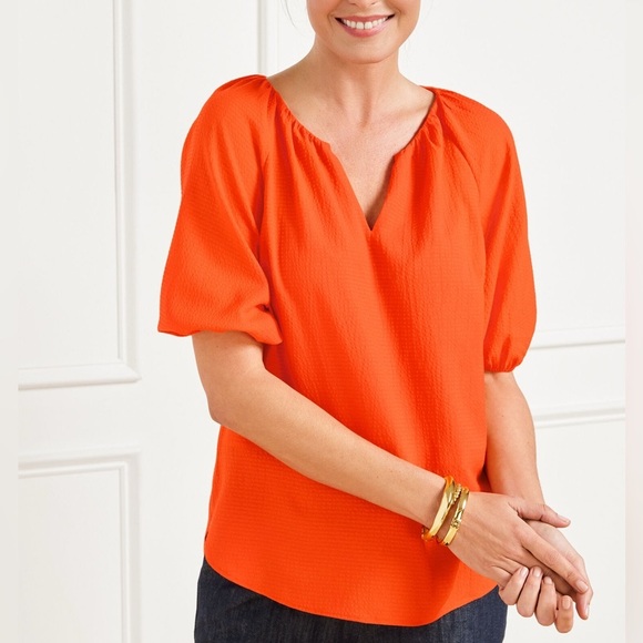 Talbots Seersucker Elbow Sleeve Top in Orange size Medium NWT - Picture 1 of 6